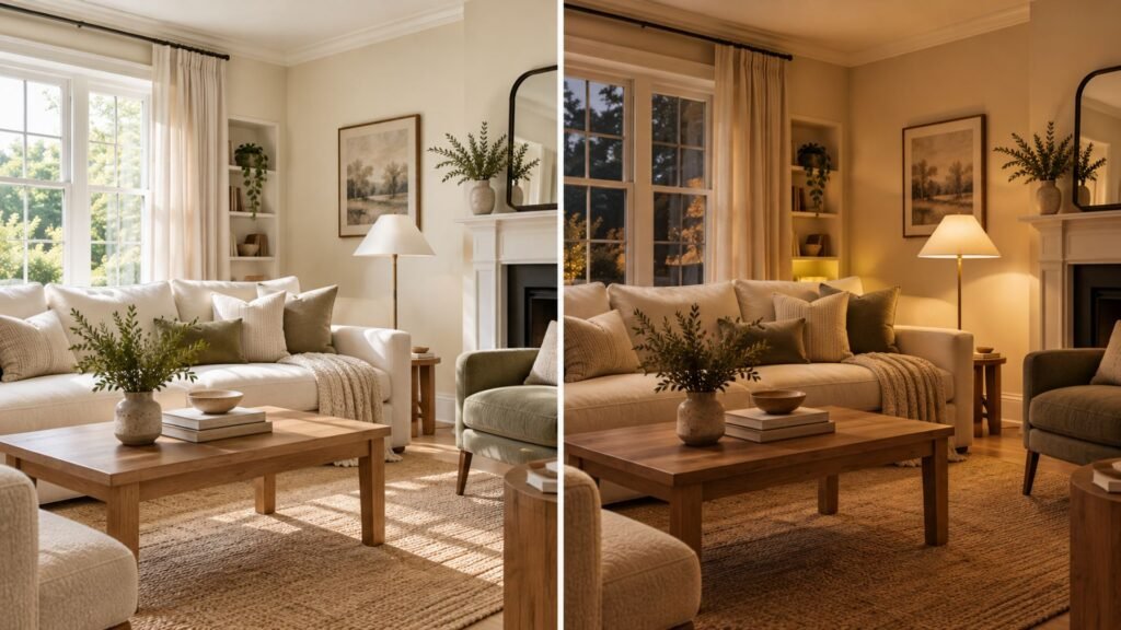 The same cream living room compared in daylight and under warm evening lamps