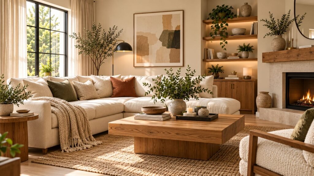 Cream living room ideas with a cream sofa, oak coffee table, black lamp, and jute rug in daylight