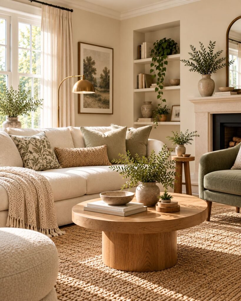 Cream living room with a gray-green armchair and warm wood side table