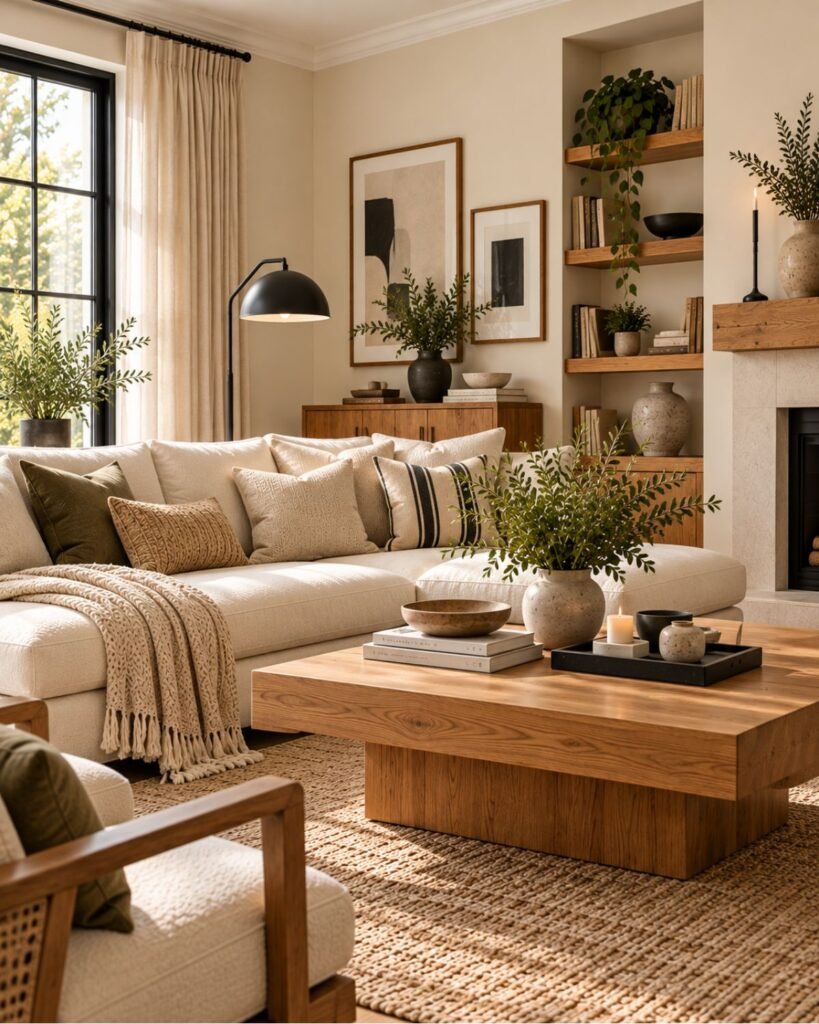 Cream living room with medium oak furniture and black frames and lamp