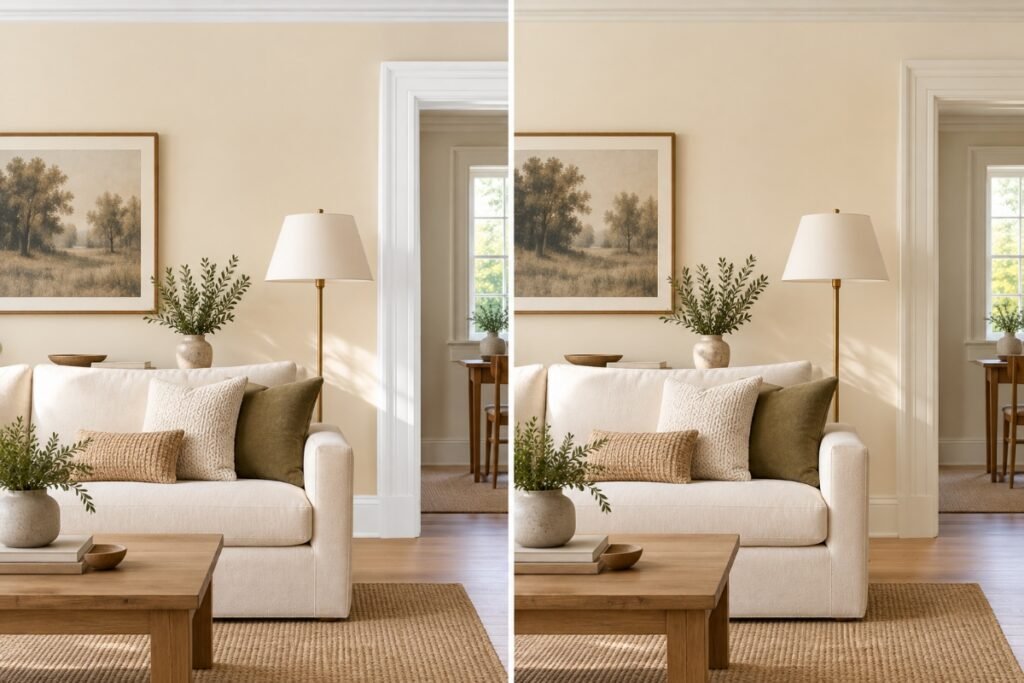 The same cream wall shown beside bright white trim and beside softer off-white trim