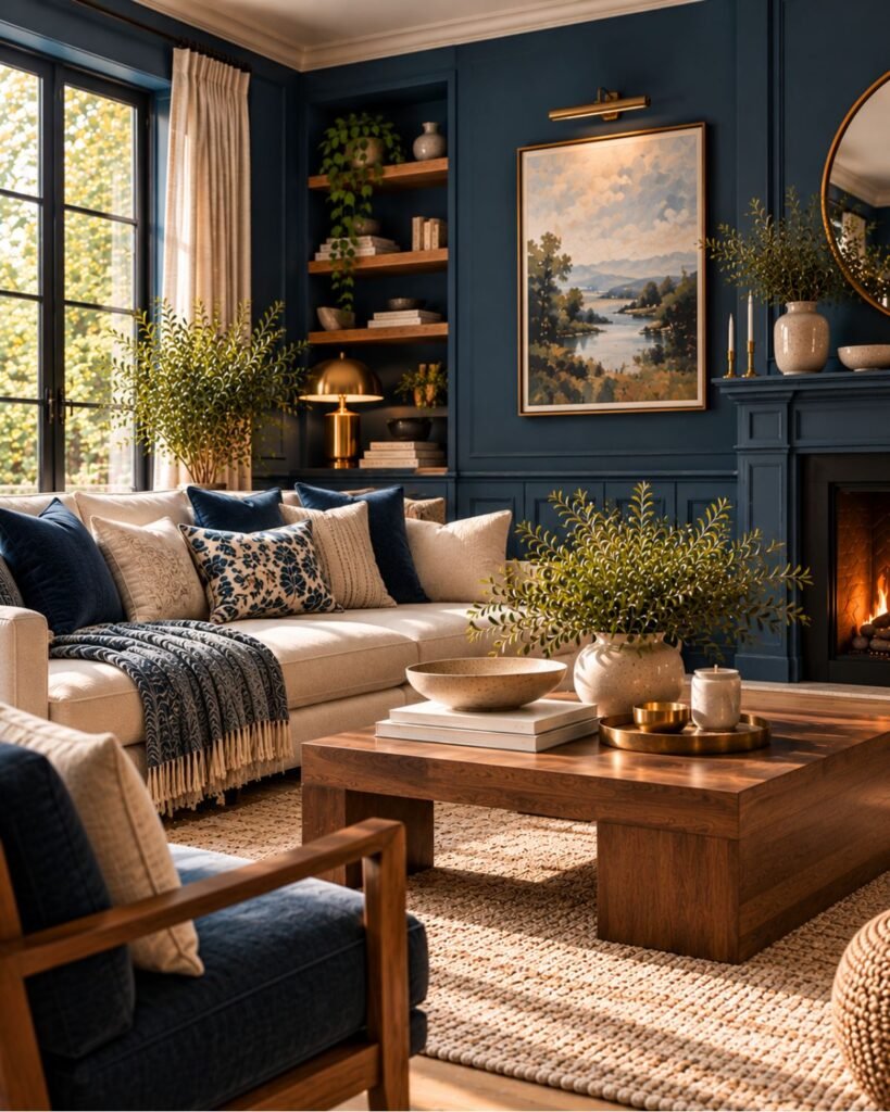 Deep blue living room with cream seating, warm walnut furniture, brass lighting, and natural textures