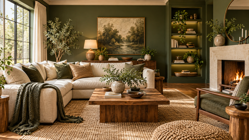 Green living room ideas with deep olive walls, cream seating, warm wood furniture, and layered natural textures