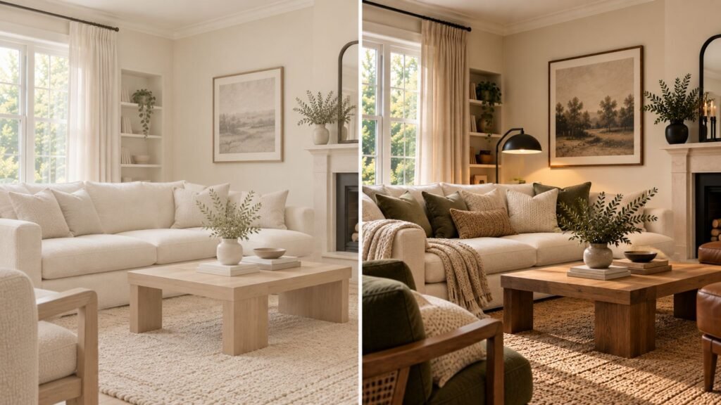 The same cream living room shown flat without contrast and defined with dark accents and textures
