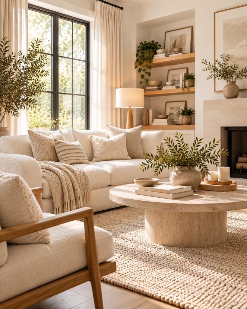 A living room in layered whites and creams using bouclé, wool, and linen textures for separation