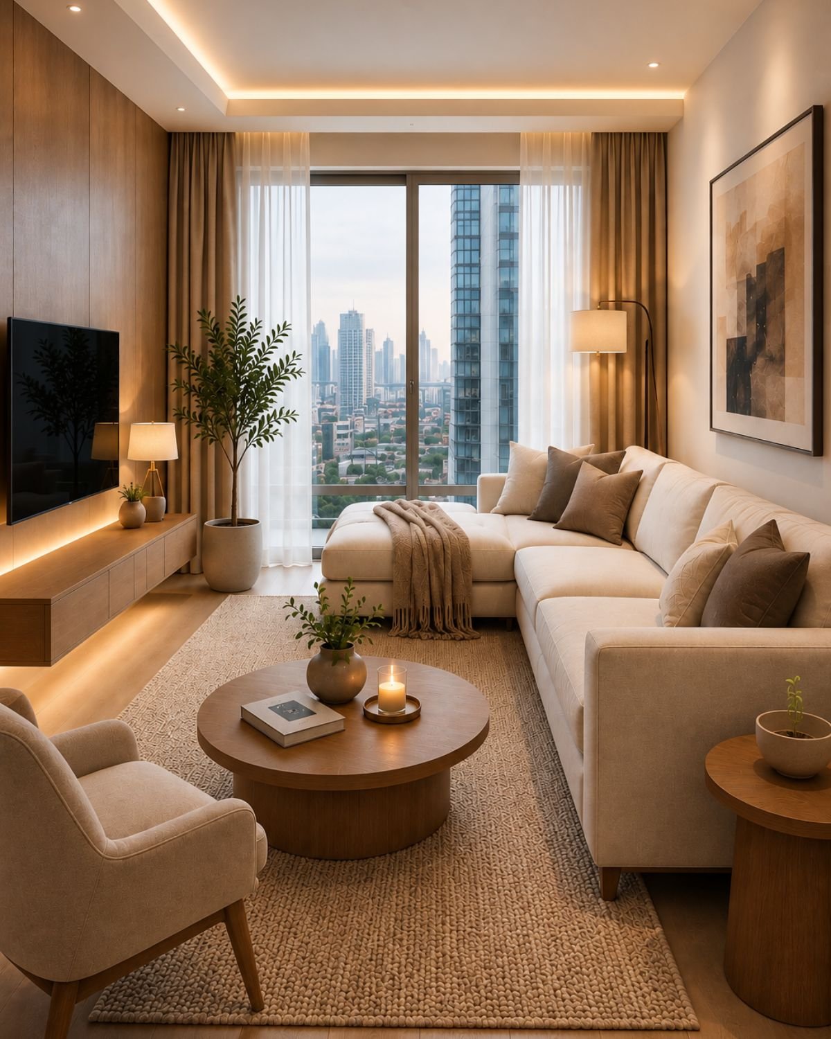 Luxury minimalist apartment ideas shown in a warm neutral living room with wood furniture, layered lighting, and restrained decor