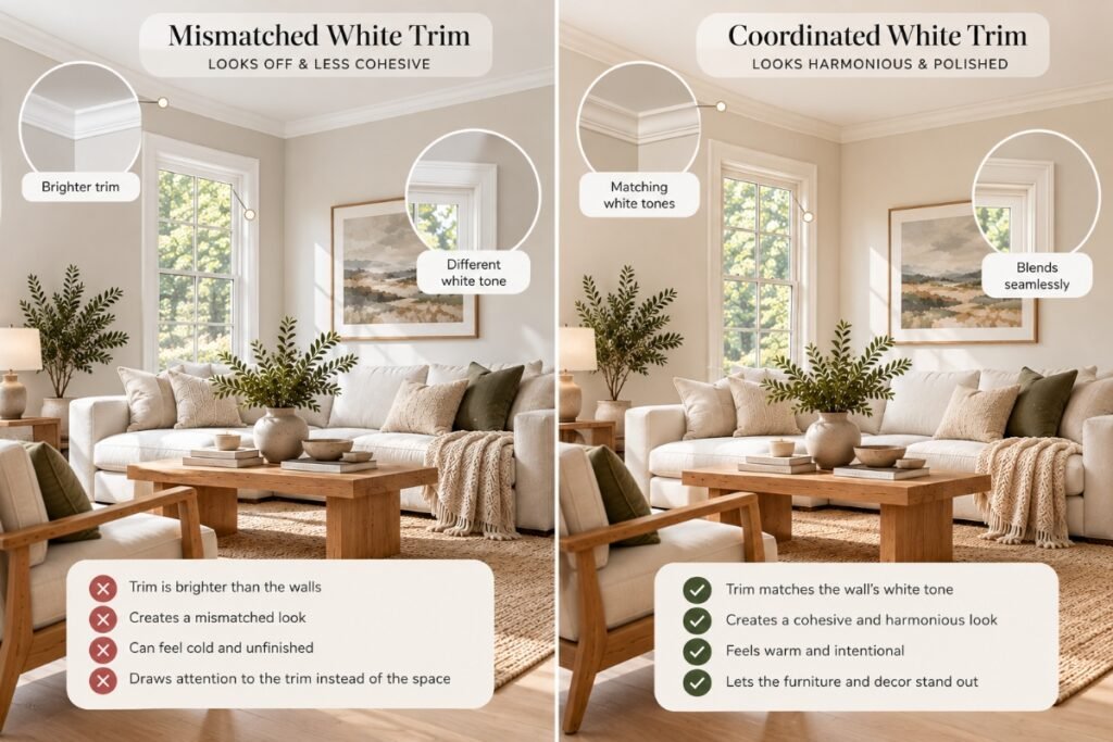 Comparison showing differently undertoned white wall and trim next to wall and trim using the same white