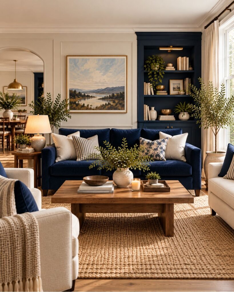 Navy and cream living room with deep blue built-ins, cream upholstery, and a softly textured neutral rug
