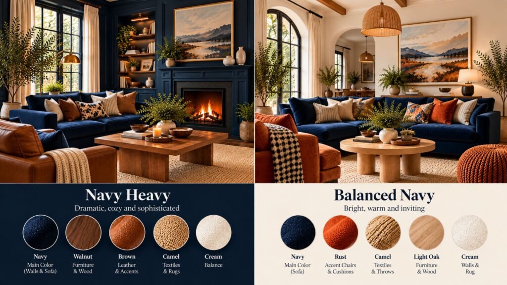 Side-by-side comparison of the same navy living room with low contrast and with clearer light and material separation