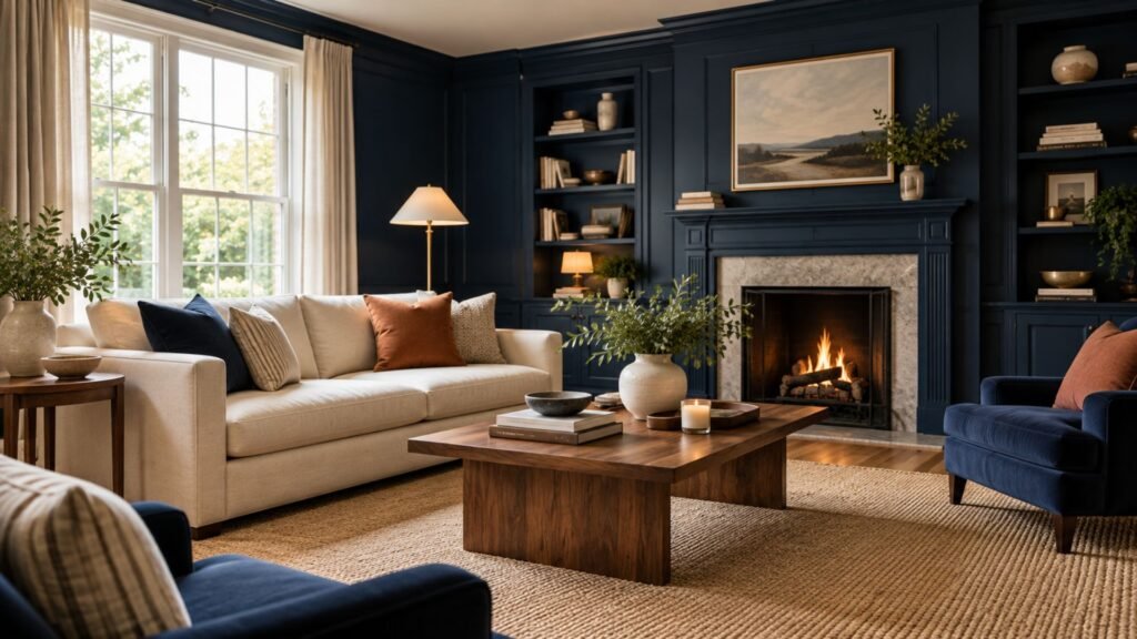 Navy living room ideas with deep blue walls, cream seating, warm wood furniture, and layered natural textures