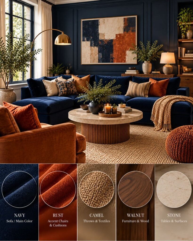 Material comparison showing the same navy beside cream linen, pale oak, walnut, cognac leather, brass, and black metal