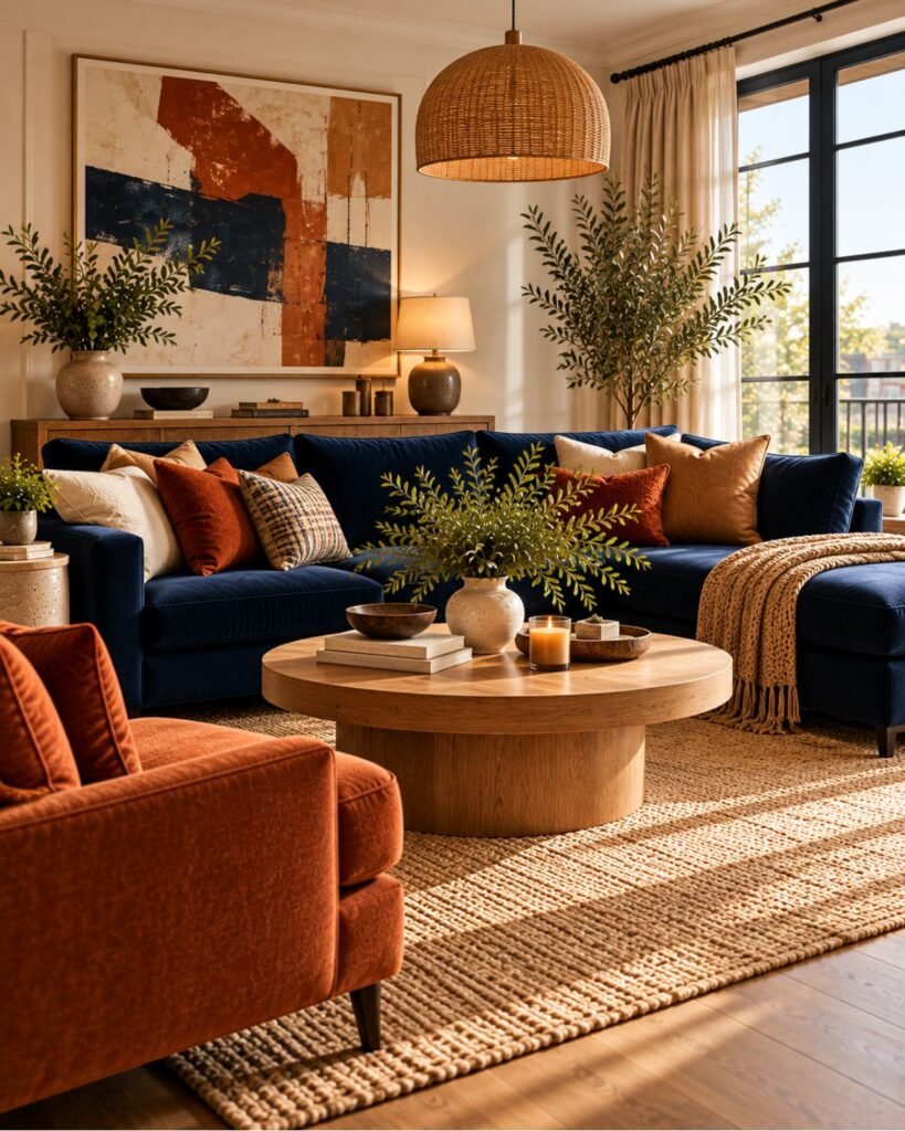 Navy living room with a rust accent chair, camel-toned textiles, warm wood, and a light neutral rug