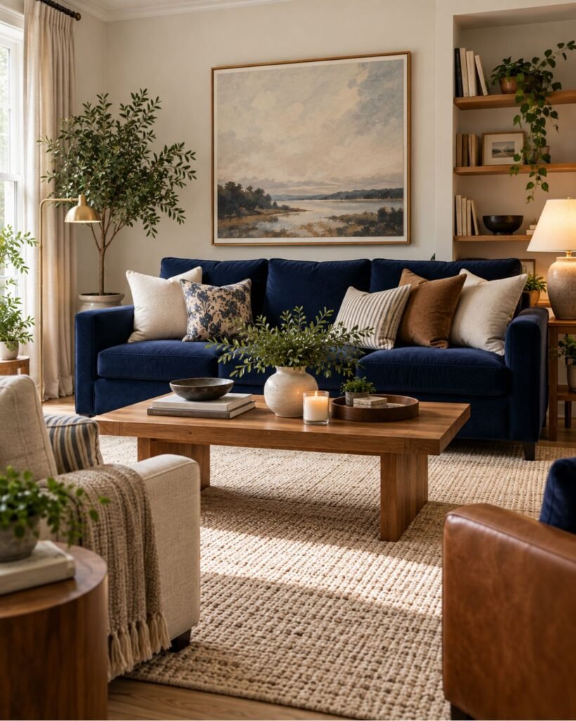 Navy sofa against a warm off-white wall with a textured rug, medium wood table, and restrained blue accents