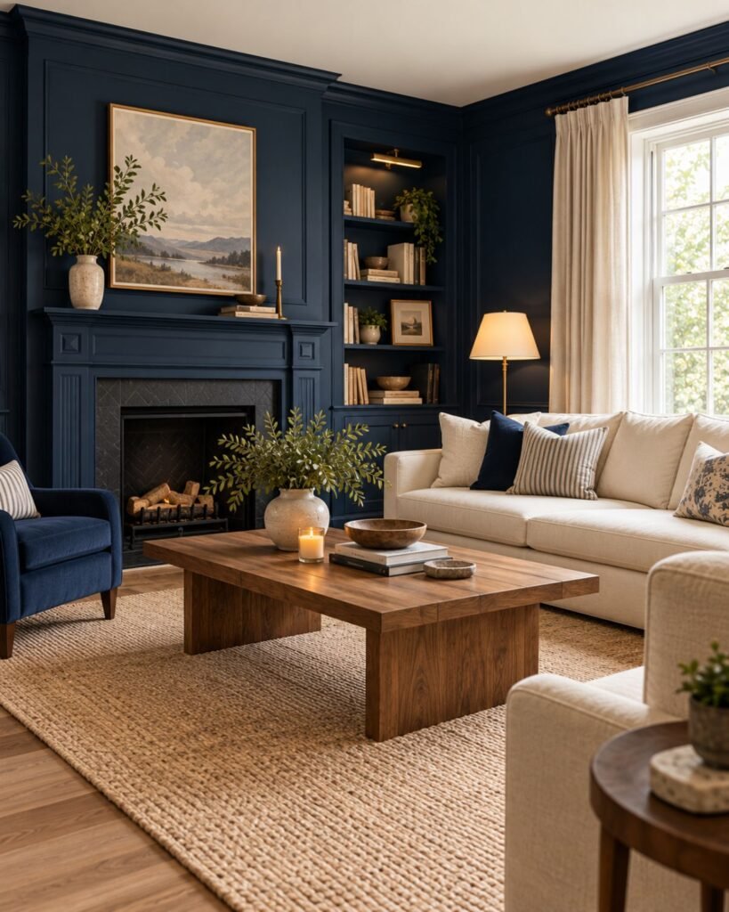 Living room with deep navy paneled walls, cream seating, warm wood furniture, and a light woven rug