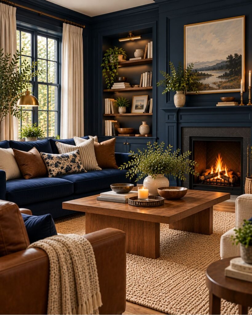 Navy living room with walnut furniture, cognac leather, cream upholstery, and natural woven texture