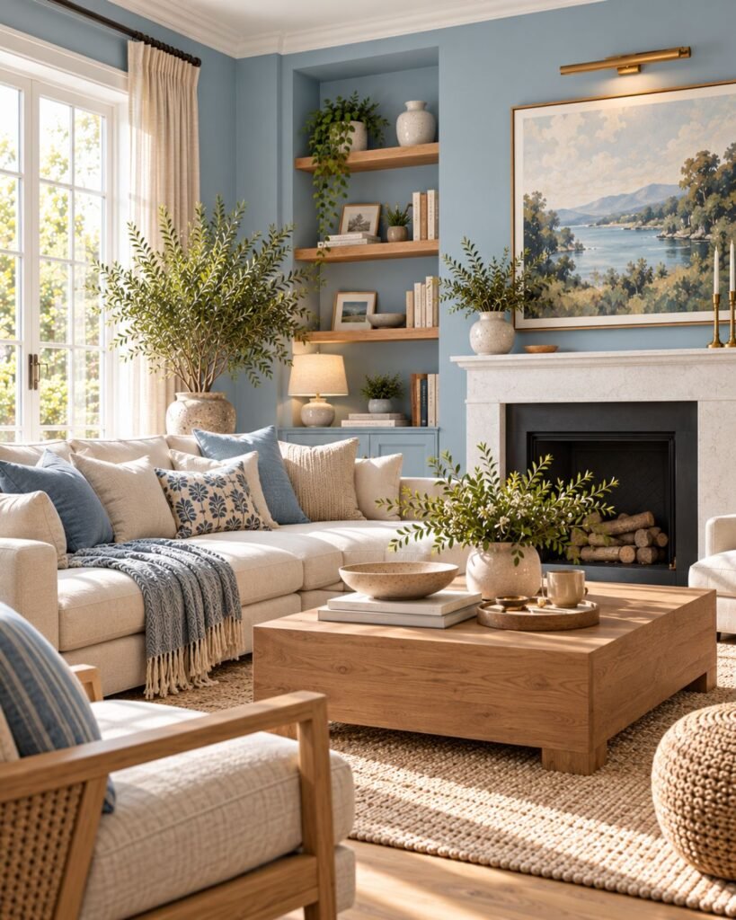 Pale blue living room with cream seating, light oak furniture, woven textures, and natural daylight