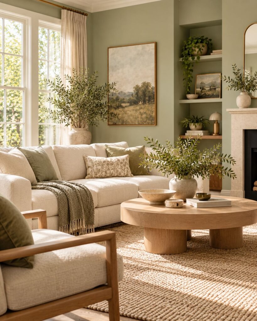 Pale sage living room with cream seating, light oak furniture, woven textures, and natural daylight