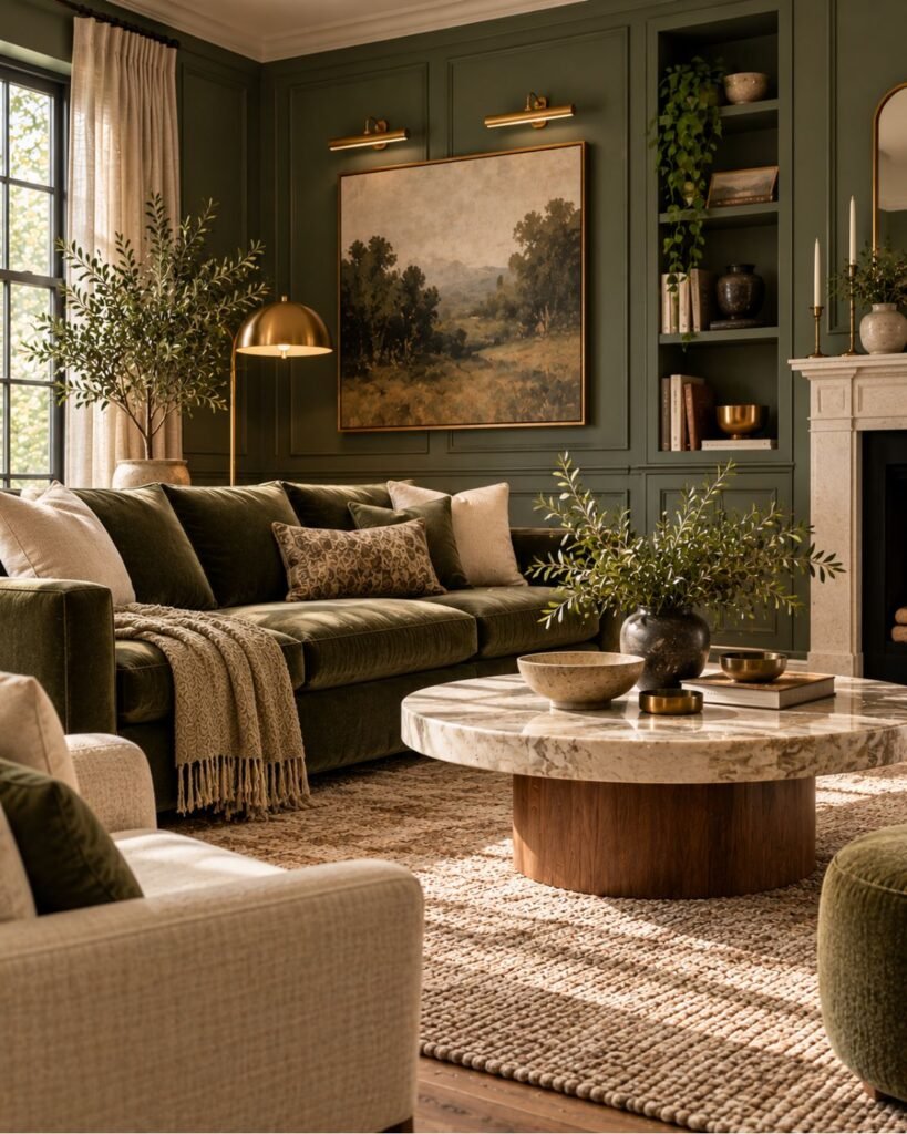 Deep sage living room with paneled walls, velvet seating, brass lighting, and a marble coffee table