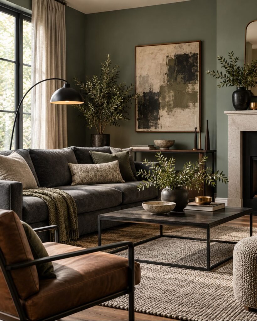 Cool gray sage living room with charcoal seating, black metal accents, warm leather, and natural wood