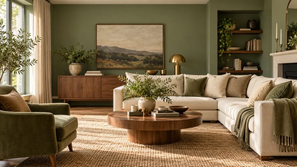Sage green living room ideas with warm sage walls, cream seating, walnut furniture, and brass accents