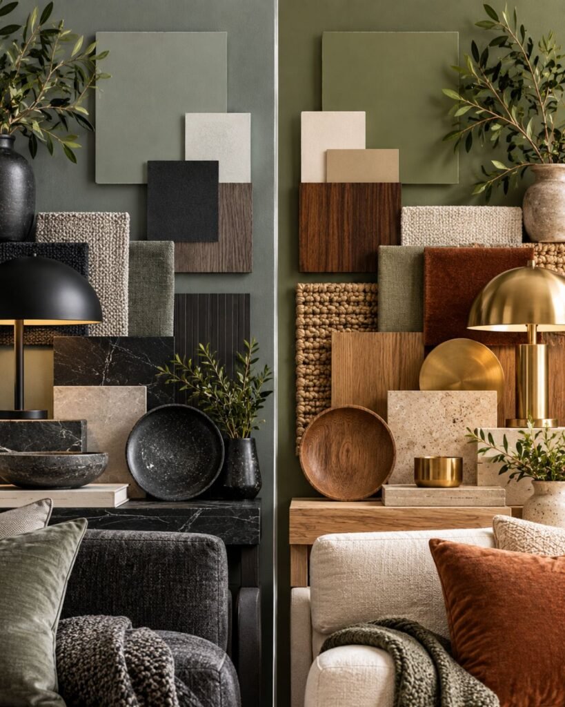 Sage green material comparison with cool charcoal and black finishes alongside warm walnut, cream, and brass