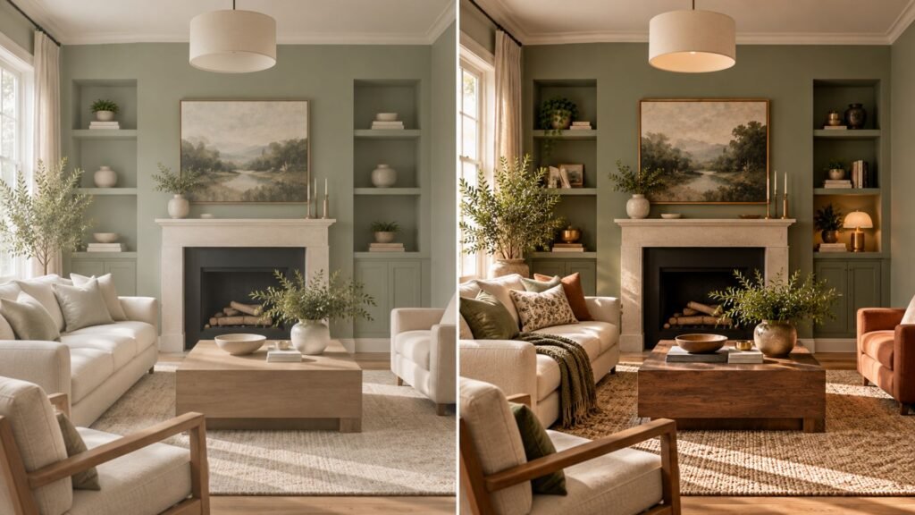 Side-by-side sage living room comparison showing a pale low-contrast scheme and a balanced room with deeper contrast and texture
