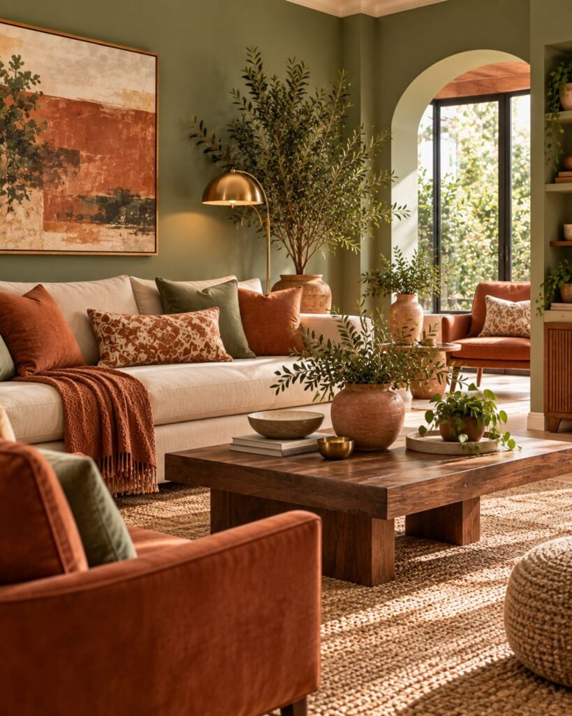 Sage green living room with terracotta seating, cream upholstery, warm wood, and woven natural textures