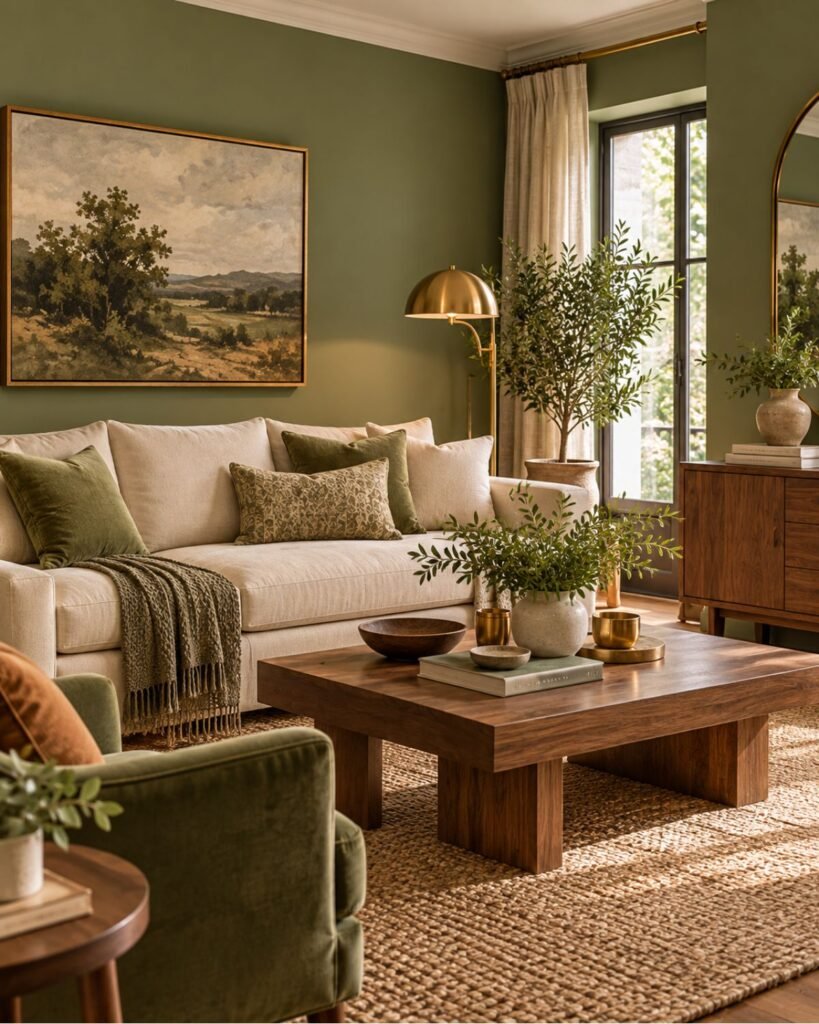 Warm sage living room with cream seating, walnut furniture, brass accents, and natural textures