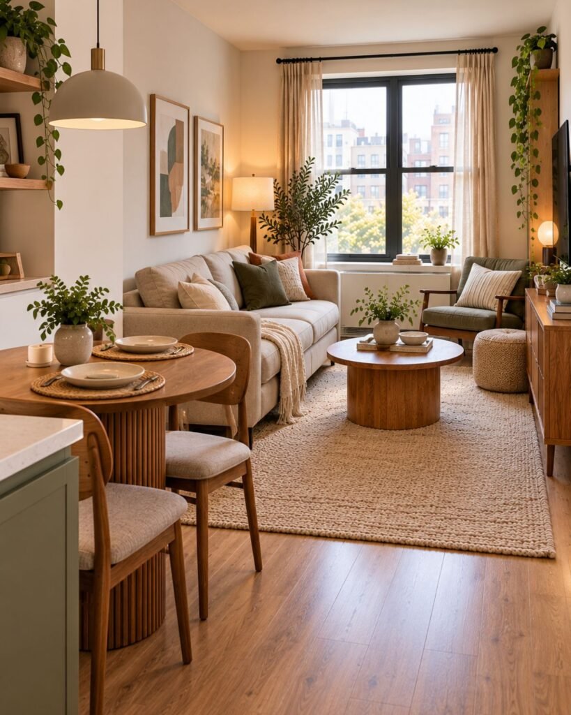 Small apartment living room with a compact two-seat dining area beside the main seating zone