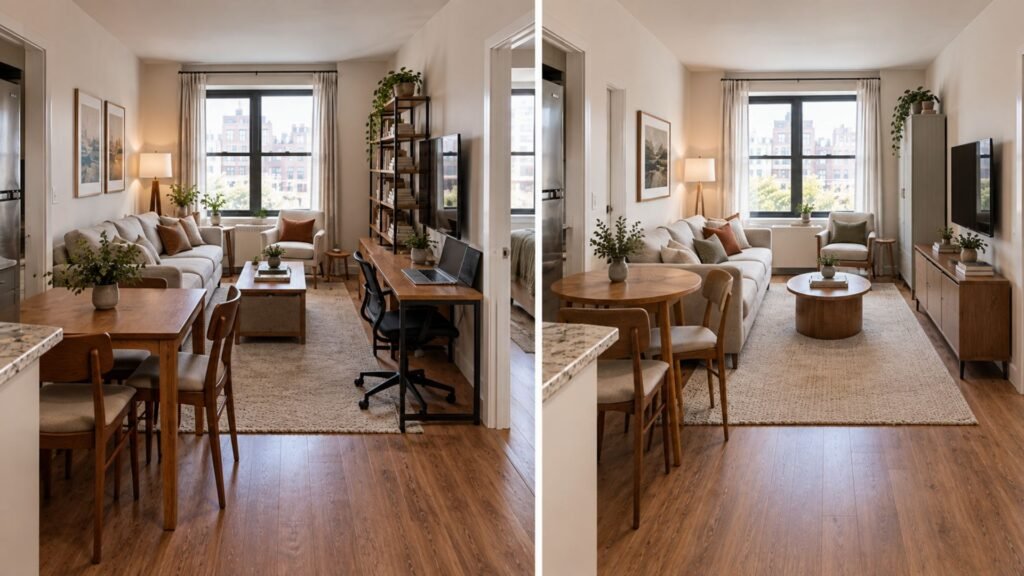 Comparison of an overcrowded small apartment living room and the same room with functions sharing less furniture