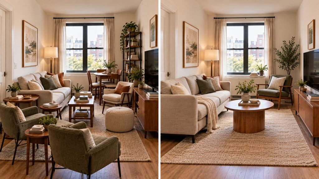 Small apartment comparison with many undersized furniture pieces beside fewer appropriately scaled pieces