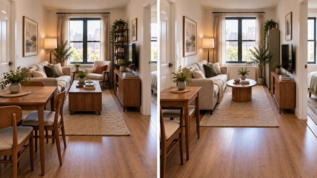 Comparison of blocked and clear walking routes through the same small apartment living room