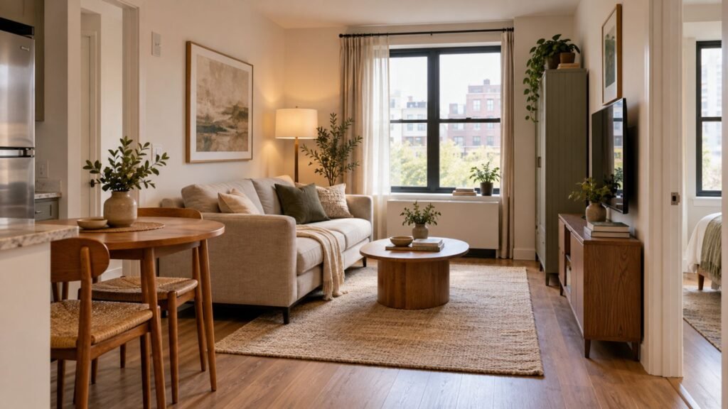 Small apartment living room ideas with a sofa, compact dining table, closed storage, and a clear walking route