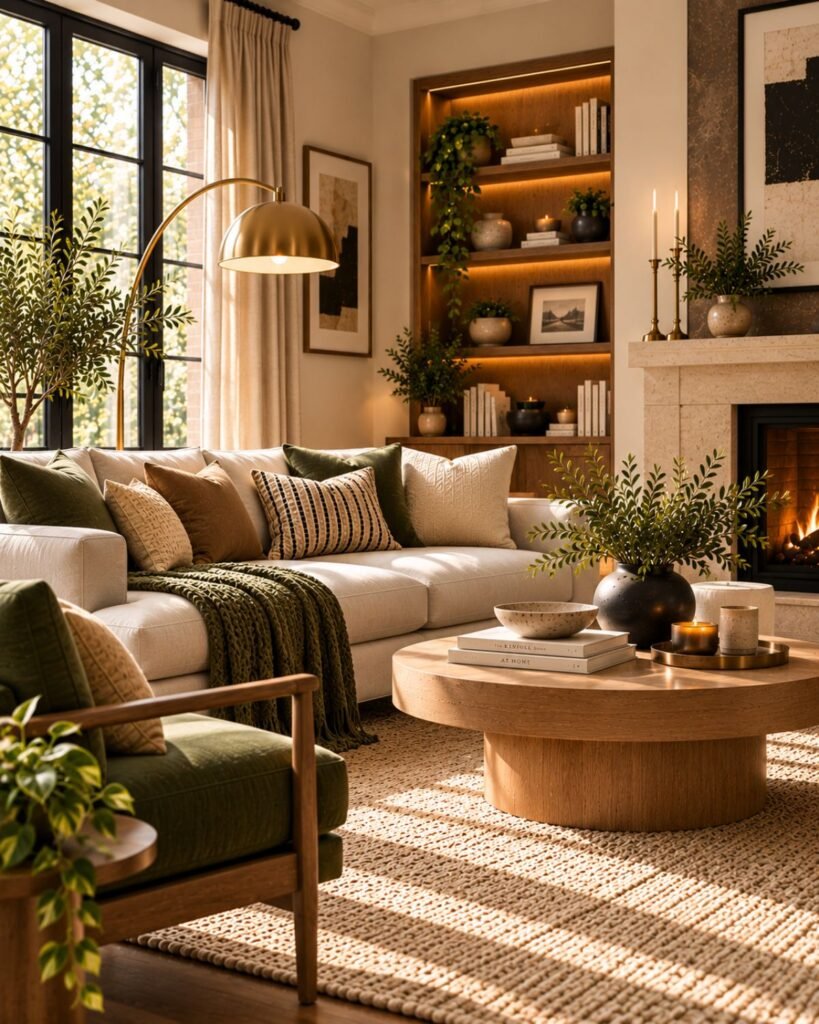 Small living room with a black loveseat, light rug, warm wood side table, and off-white walls