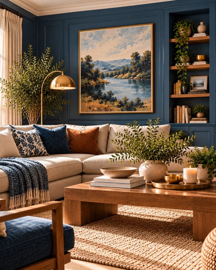Small blue living room with deep blue walls, cream seating, warm wood furniture, brass accents, and layered natural textures