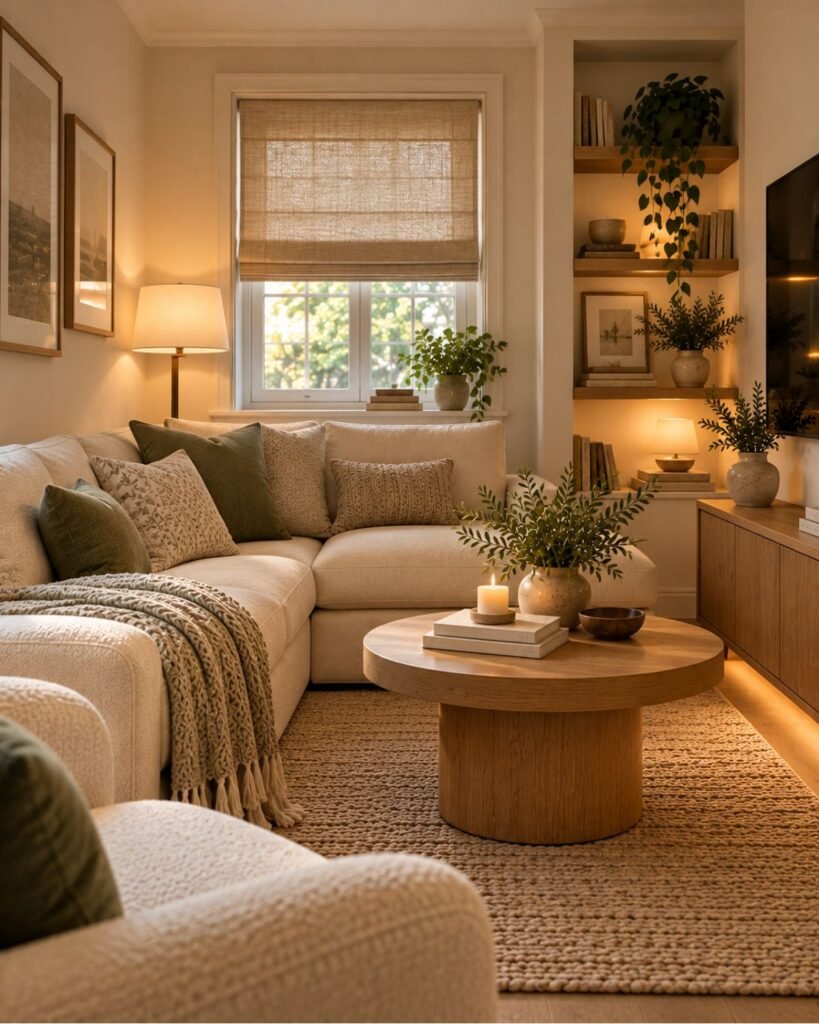 Small cream living room with a loveseat, warm lamp, and one modest window