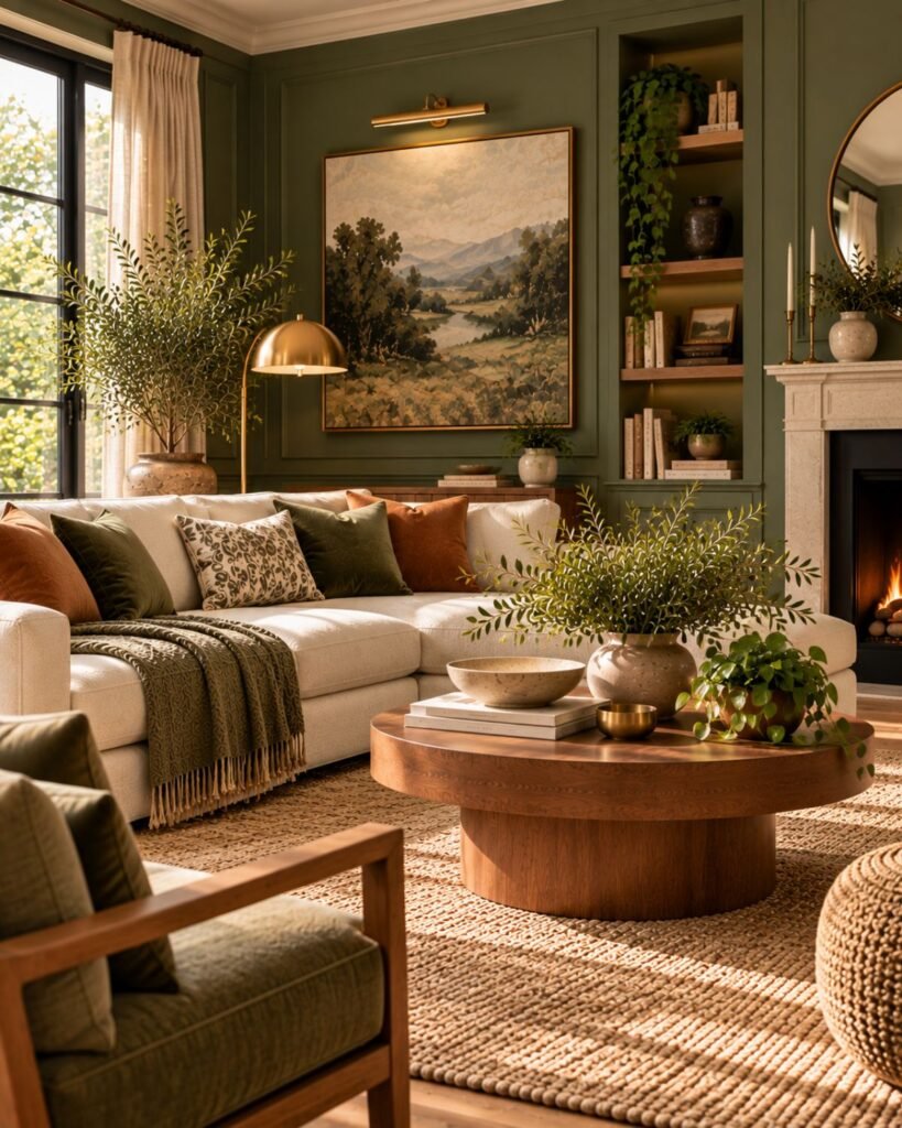 Compact sage green living room with cream seating, warm wood furniture, layered lighting, and natural textures