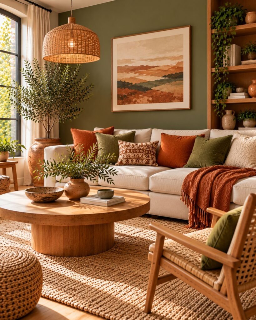 A small terracotta living room with one accent wall, a cream loveseat, and a warm wood side table