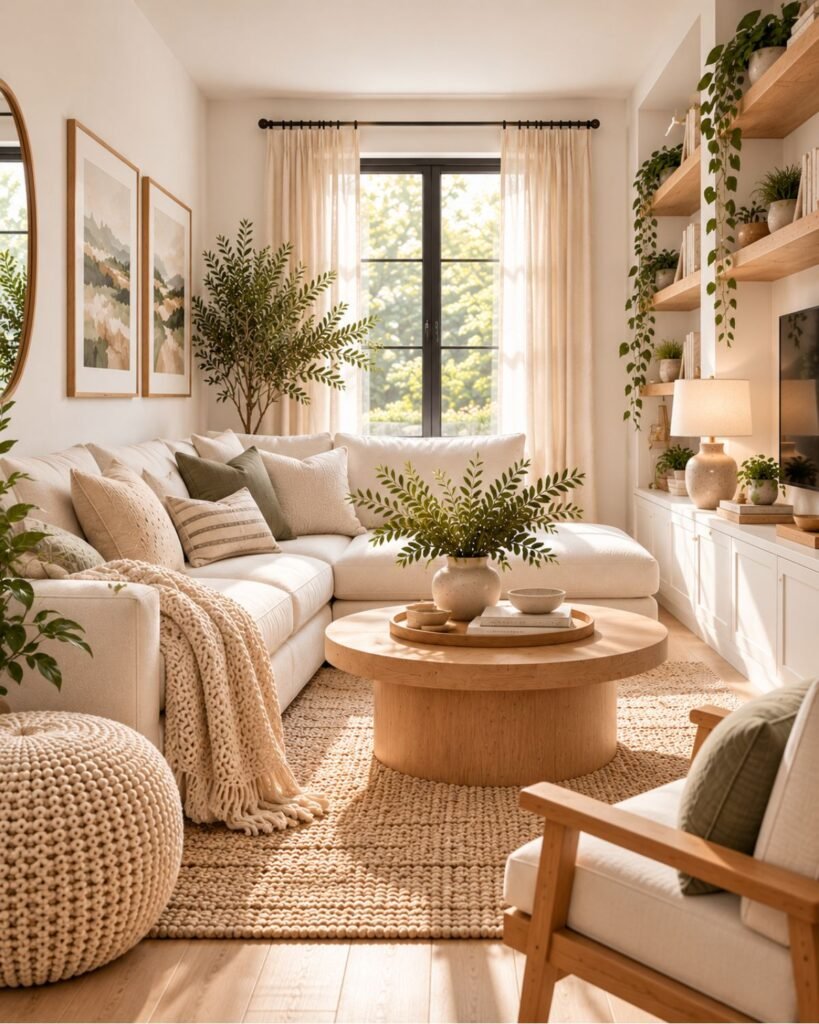 A small white living room with soft off-white walls, a warm wood side table, textured textiles, and a floor lamp