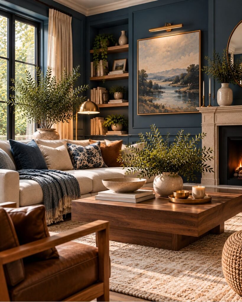 Smoky blue living room with cream seating, walnut furniture, brown leather, and brass lighting