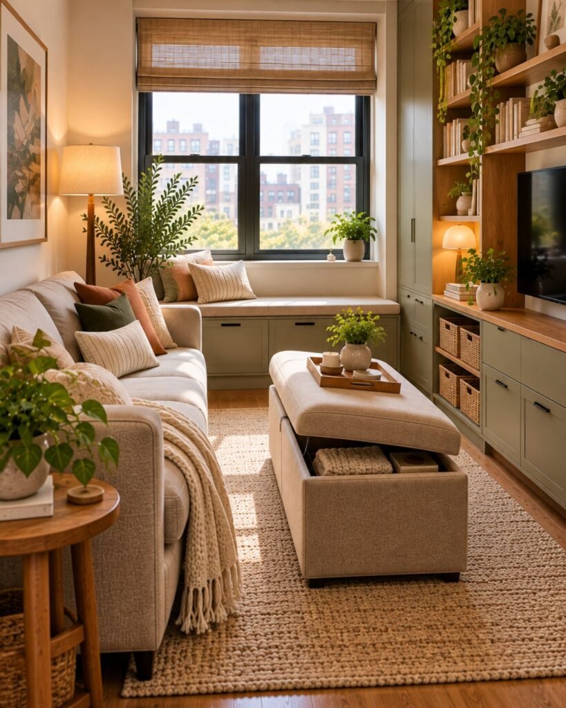 Compact apartment living room with storage concentrated in one tall closed cabinet wall
