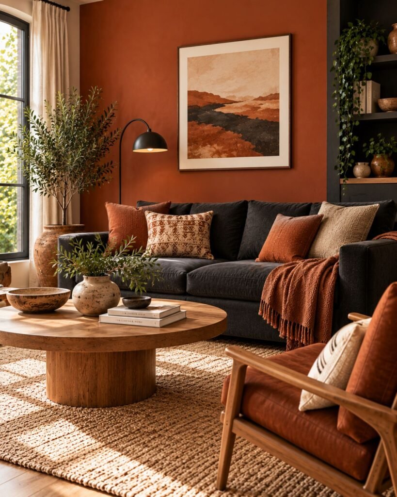 A living room with terracotta walls, a charcoal sofa, and a black metal floor lamp