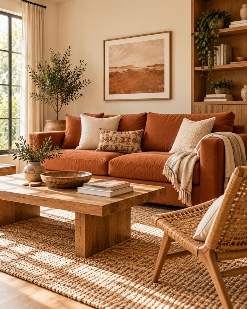A living room with a terracotta sofa, cream walls, and warm oak furniture