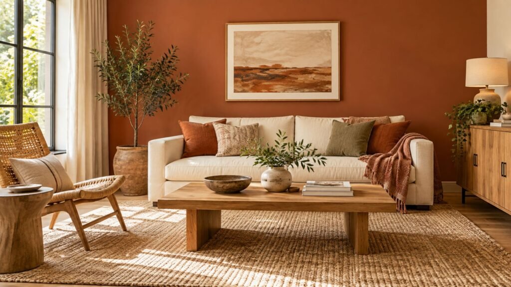 terracotta living room ideas with a terracotta accent wall, cream linen sofa, oak coffee table, and a rattan chair