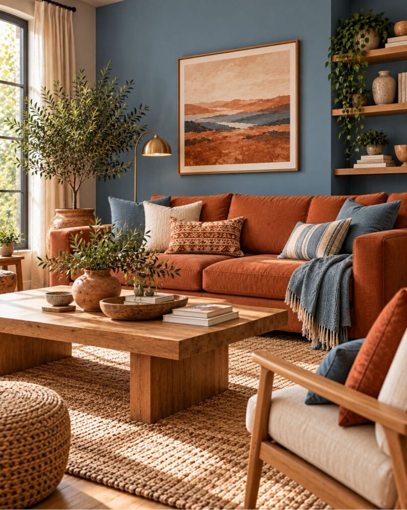 A living room with a terracotta accent wall and a muted teal-blue armchair