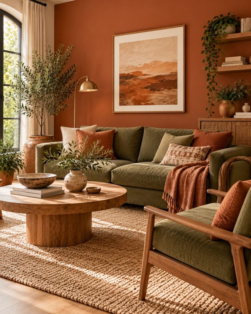 A living room with a terracotta accent wall and an olive green sofa