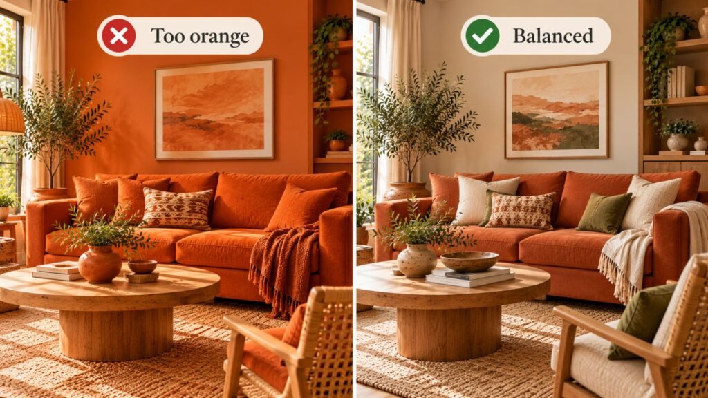 Comparison of an overly orange terracotta living room with the same room balanced by cream and muted green