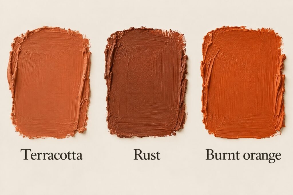 Diagram comparing terracotta, rust, and burnt orange swatches side by side