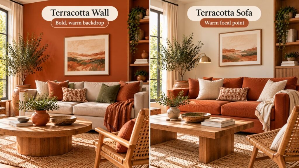 Comparison of the same living room with terracotta used on the walls versus the same room with terracotta used on the sofa instead