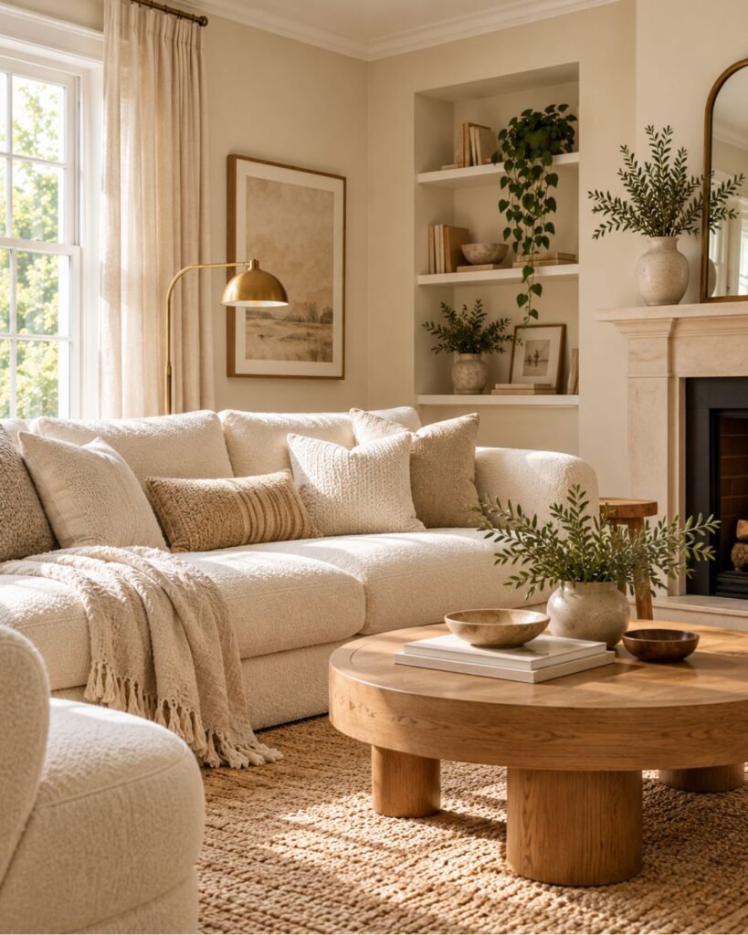 Tonal cream living room with an off-white bouclé sofa, jute rug, and aged brass lamp